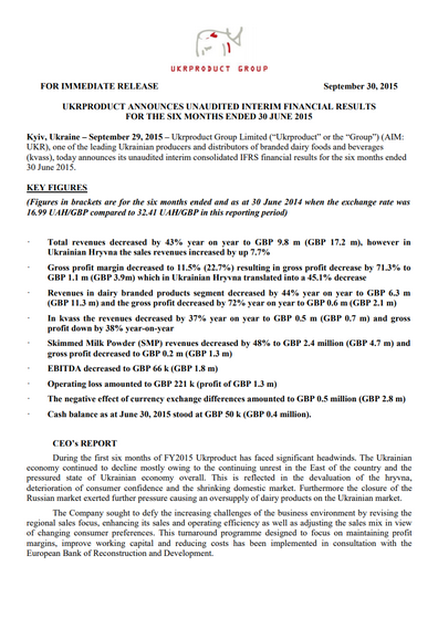 Ukrproduct Group - Half-year results 2015